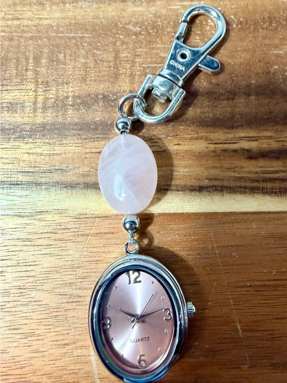 Vintage Avon Pink Dial Keychain Watch with Rose Quartz Accent
